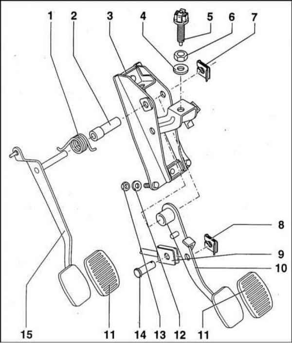 Ремонт и эксплуатация автомобиля Skoda Felicia с 1994 г. -Снятие и установка педали ножного тормоза